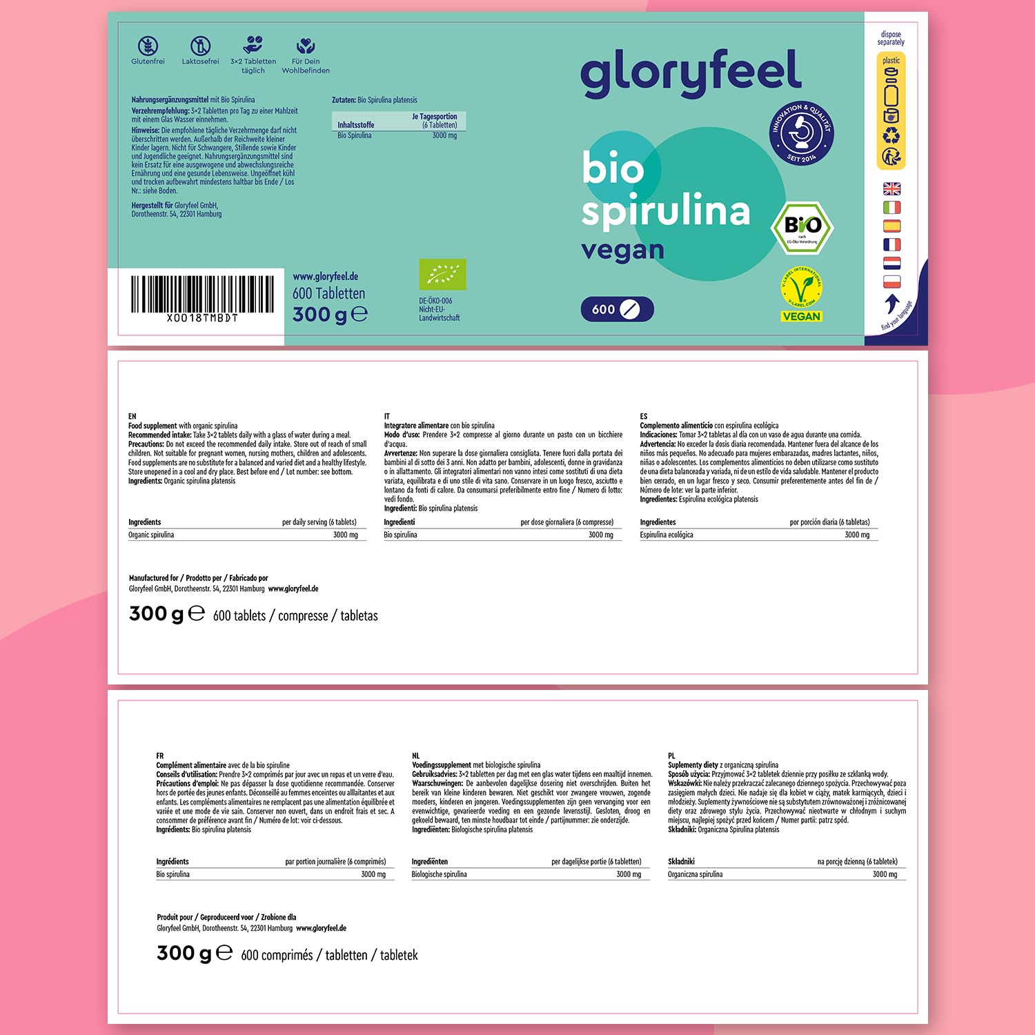 Spirulina Bio, 600 compresse BIO 500 mg, Alto dosaggio, Ricca di ficocianina, proteine e vitamine, Alga Spirulina pura, Analizzata e Confezionata in Germania, Vegan e senza Additivi