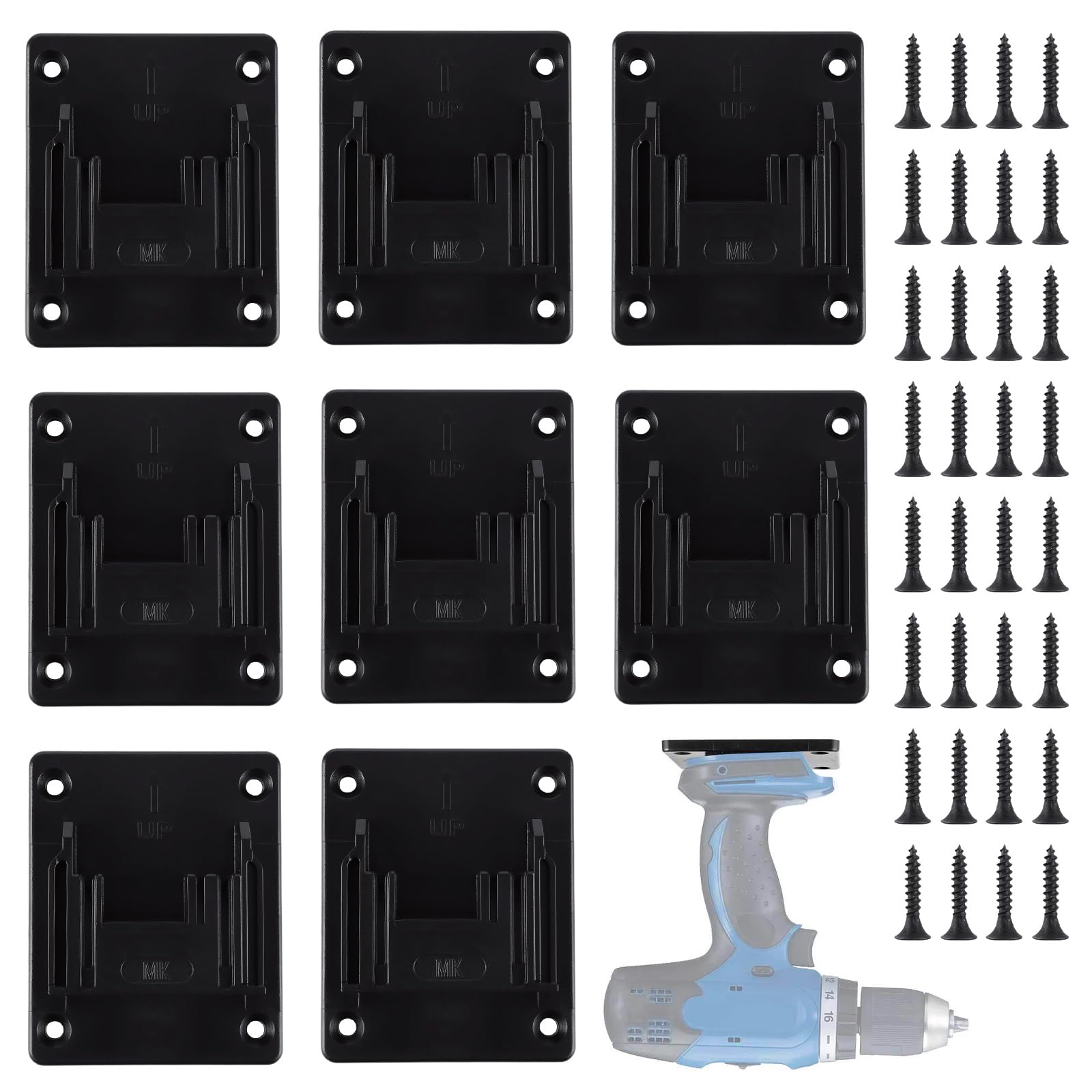Lot de 8 Support Batterie Makita Compatible 18V et 14,4V, Porte-batterie Mural Noir avec Vis pour Rangement Outil, Atelier Garage, Établi, Étagère et Véhicule de Service