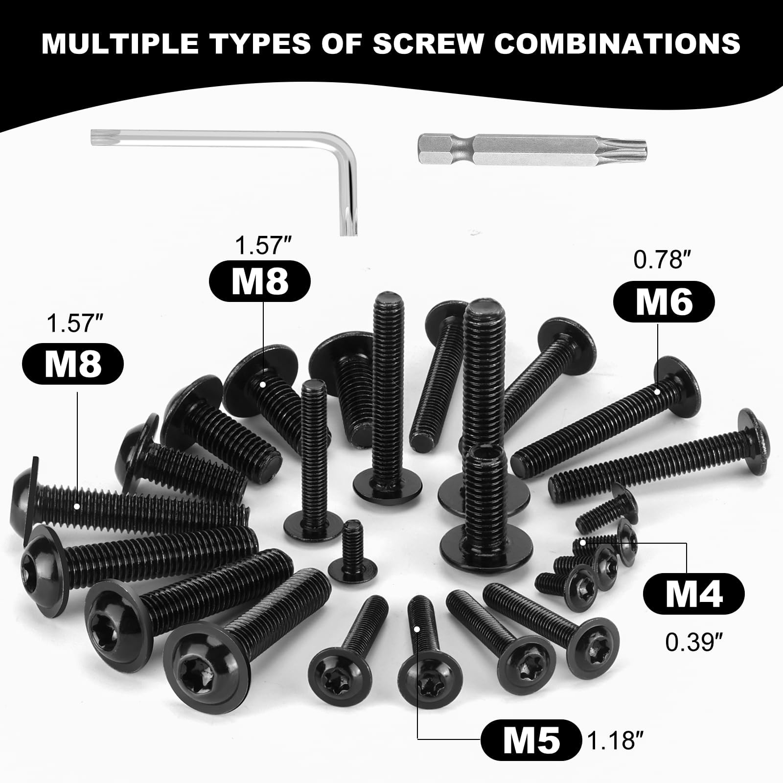 15 sztuk wkrętów M6, czarne, śruby z łbem płaskim M6 x 35 mm, stal nierdzewna, A2, V2A, śruby Torx ze śrubami kołnierzowymi, śruby z łbem soczewkowym z kluczem Torx i wiertłem do konserwacji i