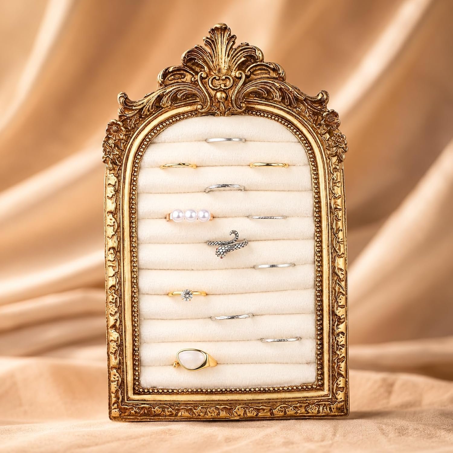 Vintage Ring Holder Oval Rings Display Jewelry Box Suede Gold ring Holder Earring Tray Organizer for Women Anniversary Engagement Wedding Ceremony Storage Gift Photography Props Christmas Birthday
