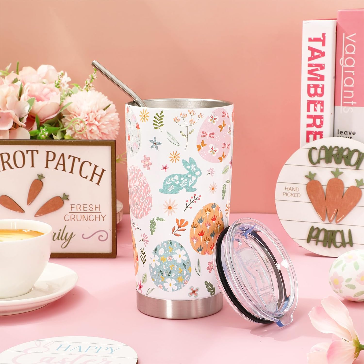 Whaline Easter Pastel Tumbler with Lid and Straw Spring Colorful Easter Egg Bunny Flower Tumbler Cup Stainless Steel Cup for Home Office Travel - Image 3