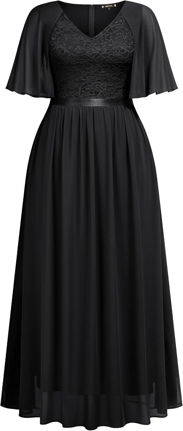 Knitee Women's Plus Size Half Sleeves Cape Dress Lace Chiffon V Neck Evening Party Maxi Dress - Image 5