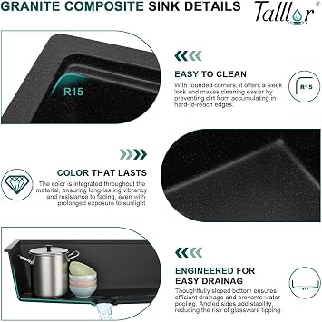 32x19 Inch Granite Composite Kitchen Sink - Matte Black Undermount Workstation Classic Quartz Under Counter Single Bowl All-In One Sinks for Kitchen #TLGU-132