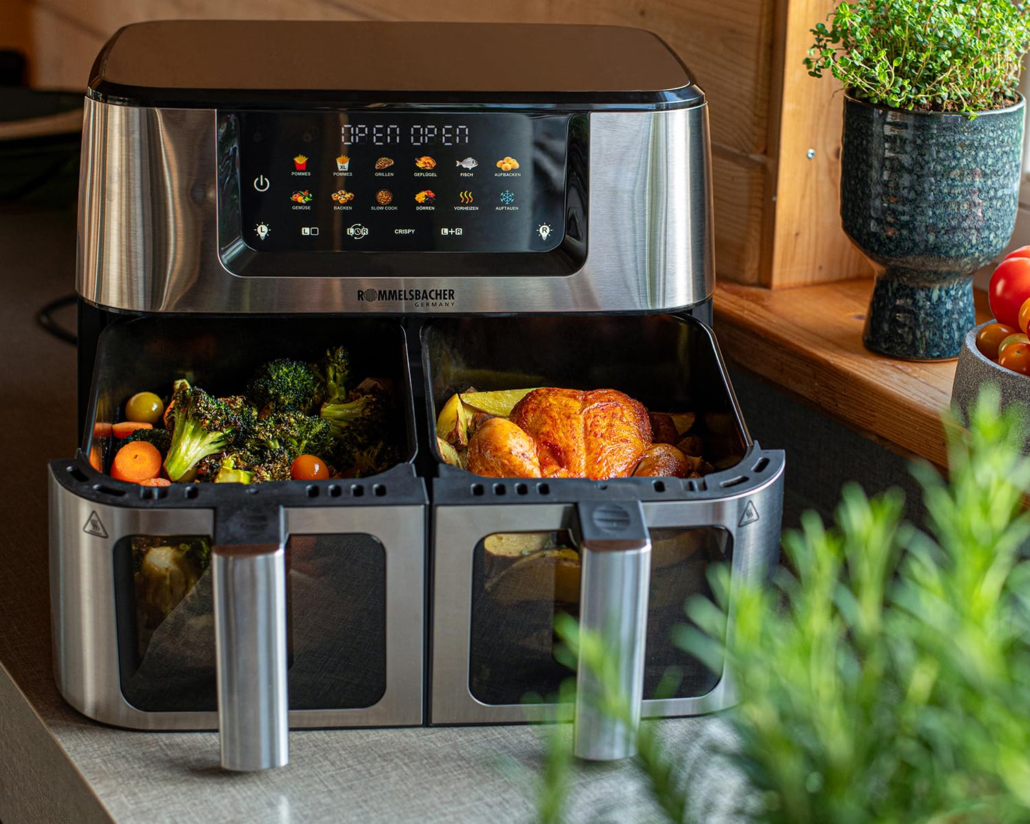ROMMELSBACHER FRH 2650 Freidora de aire caliente doble, 2 cestas de 5,5 litros, 40 a 230 °C, 12 programas, ventana de visualización, iluminación interior, sin PFAS, función de emparejamiento y