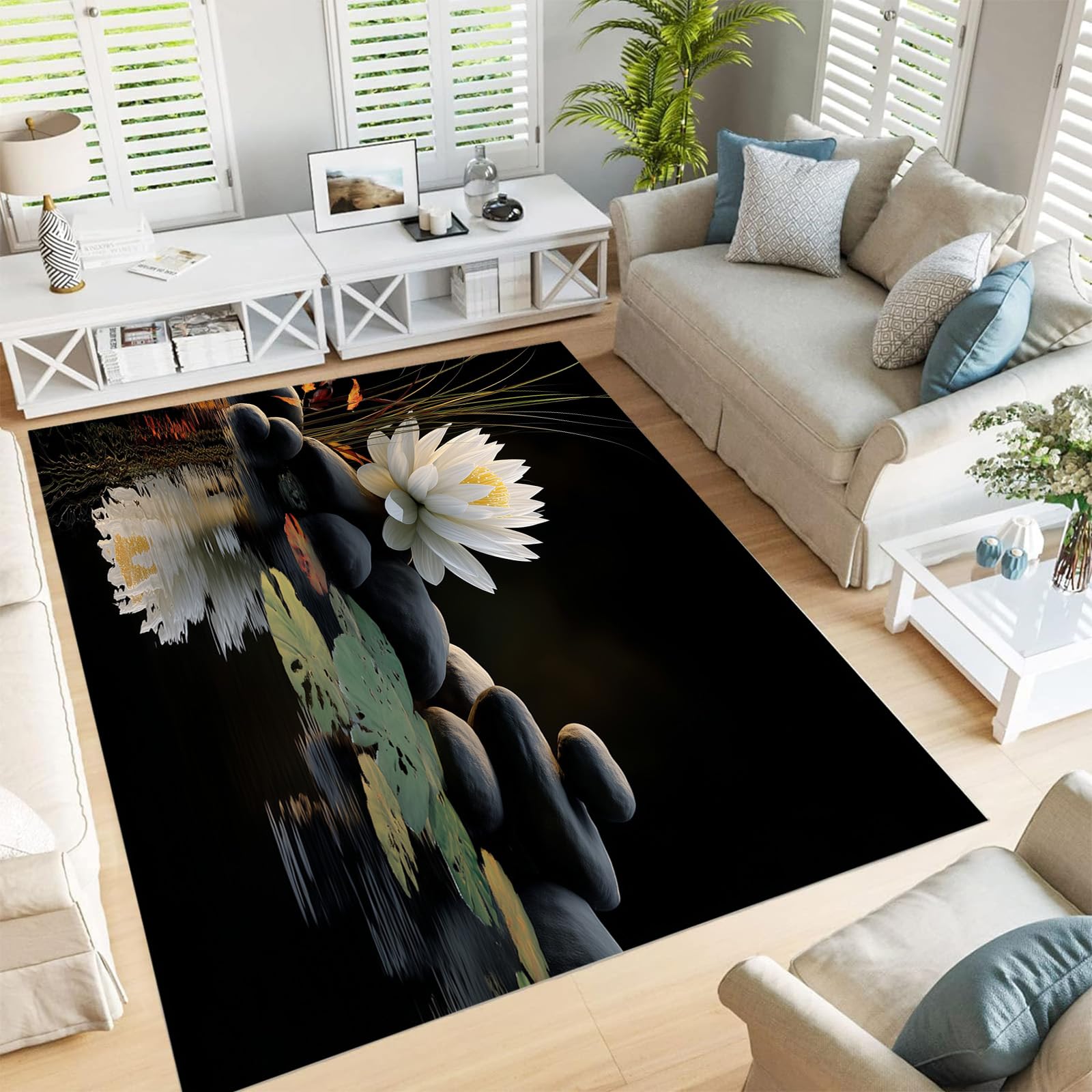Tapis extérieur terrasse 150x210cm lavable noir avec motif lotus étang roche noire antidérapant