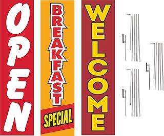 COBB PROMO Open Welcome Breakfast Special Advertising Rectangle Boomer Feather Flags Sign For Restaurants Complete Kits with 3 Flag Poles and 3 Ground Spikes