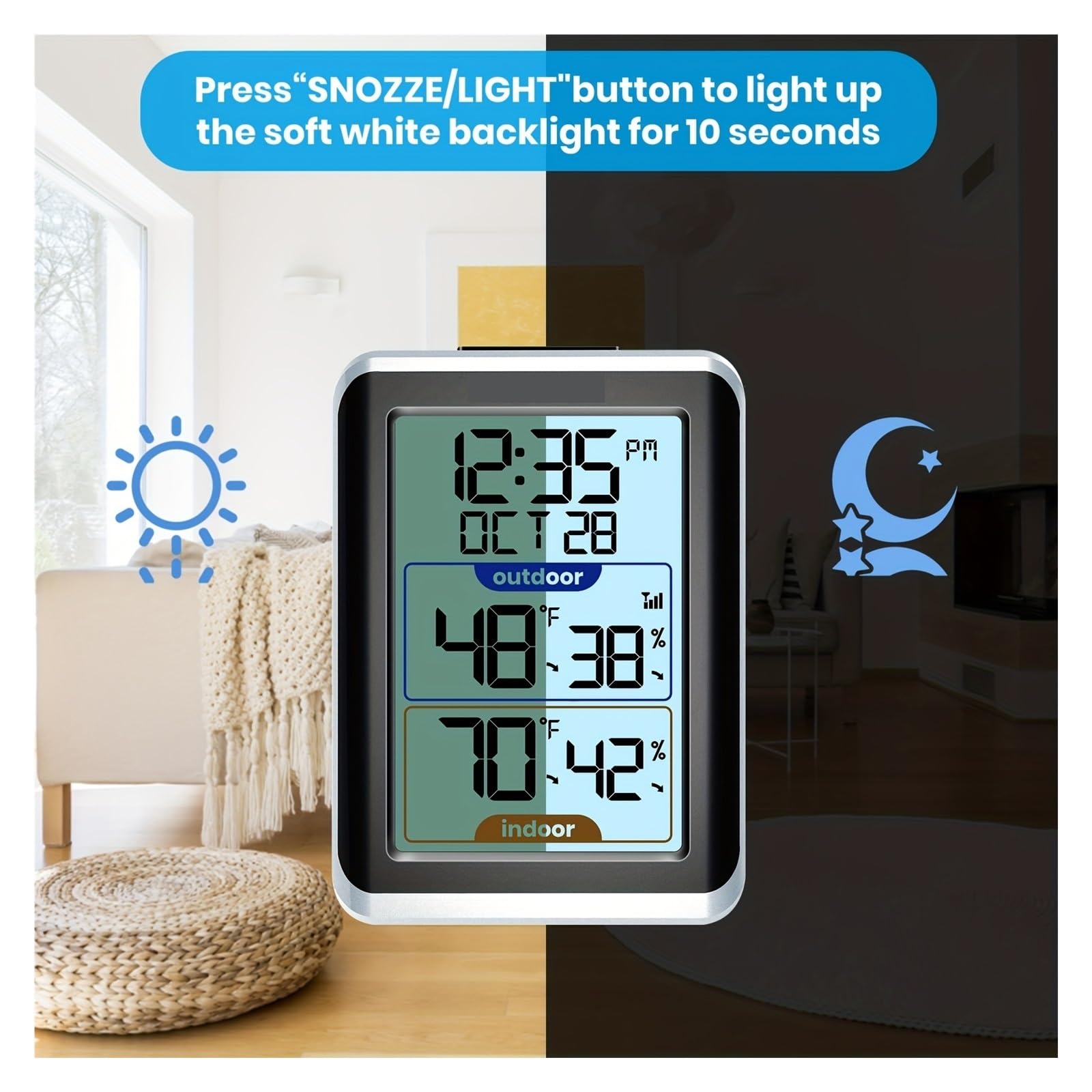 Termometro For Interni Ed Esterni, Igrometro Digitale Wireless, Indicatore Di Temperatura Con Tempo, Portata 200 Piedi/60 M, Umidità Preciso E Di Facile Lettura(WHITE)
