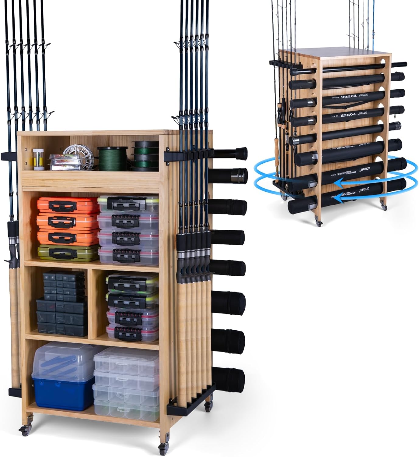 Goture Fishing Rod Holders for Garage, 360 Degree Rotating Pole Holders Rod Rack Storage up to 12 Rods or Combos Tackle Gear Equipment Organizer Fishing Storage Cabinet for Men Women