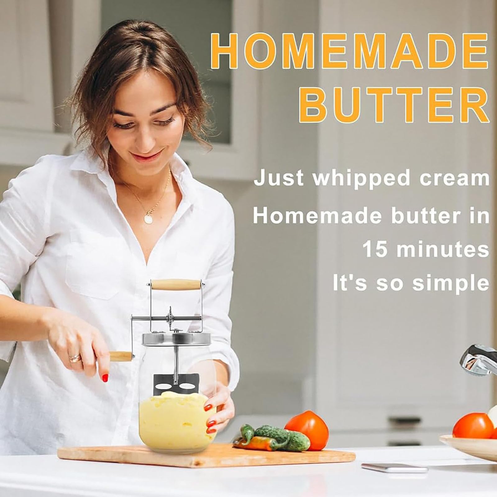 Butterkanne aus Glas mit Handkurbel, hausgemachter Butterbereiter für Sahne, 1,5 l langlebiger Mixer für Gebäck, Kekse und DIY Backgeschenke für Kinder und Familien