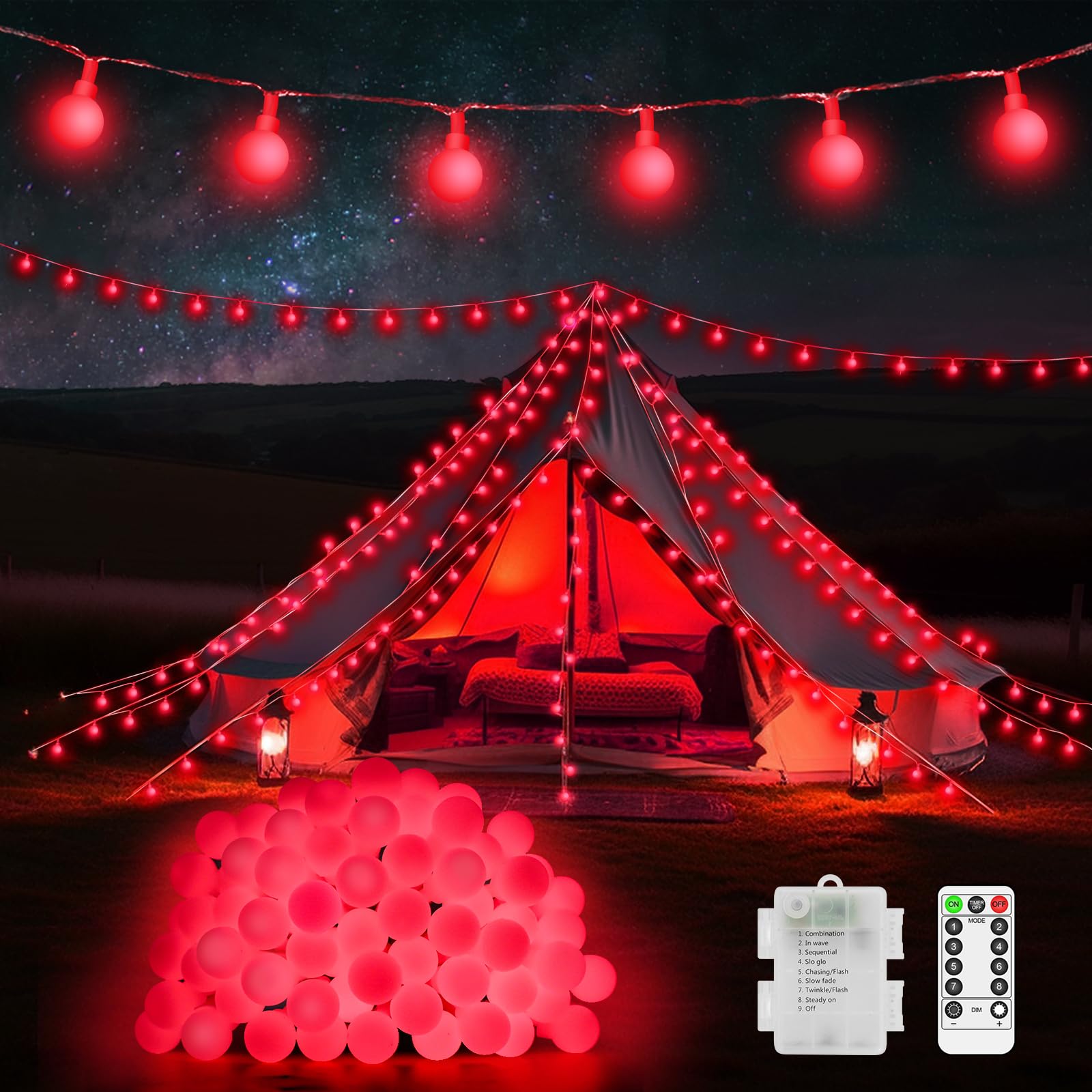 JXLEDAYY 12M 100 LED Battery Fairy Lights Indoor Outdoor Globe String Lights Christmas Lights with Remote Timer 8 Modes for Outside Garden Bedroom Patio Valentines Day Party Wedding Decorations-Red โ image 1
