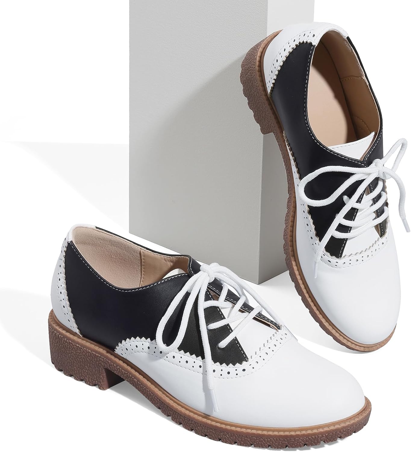 mikarka Vintage Oxford Shoes for Women Perforated Wingtips Brogue Oxfords Low Chunky Heel Lace Up Saddles Dress Pumps Shoes - Image 3