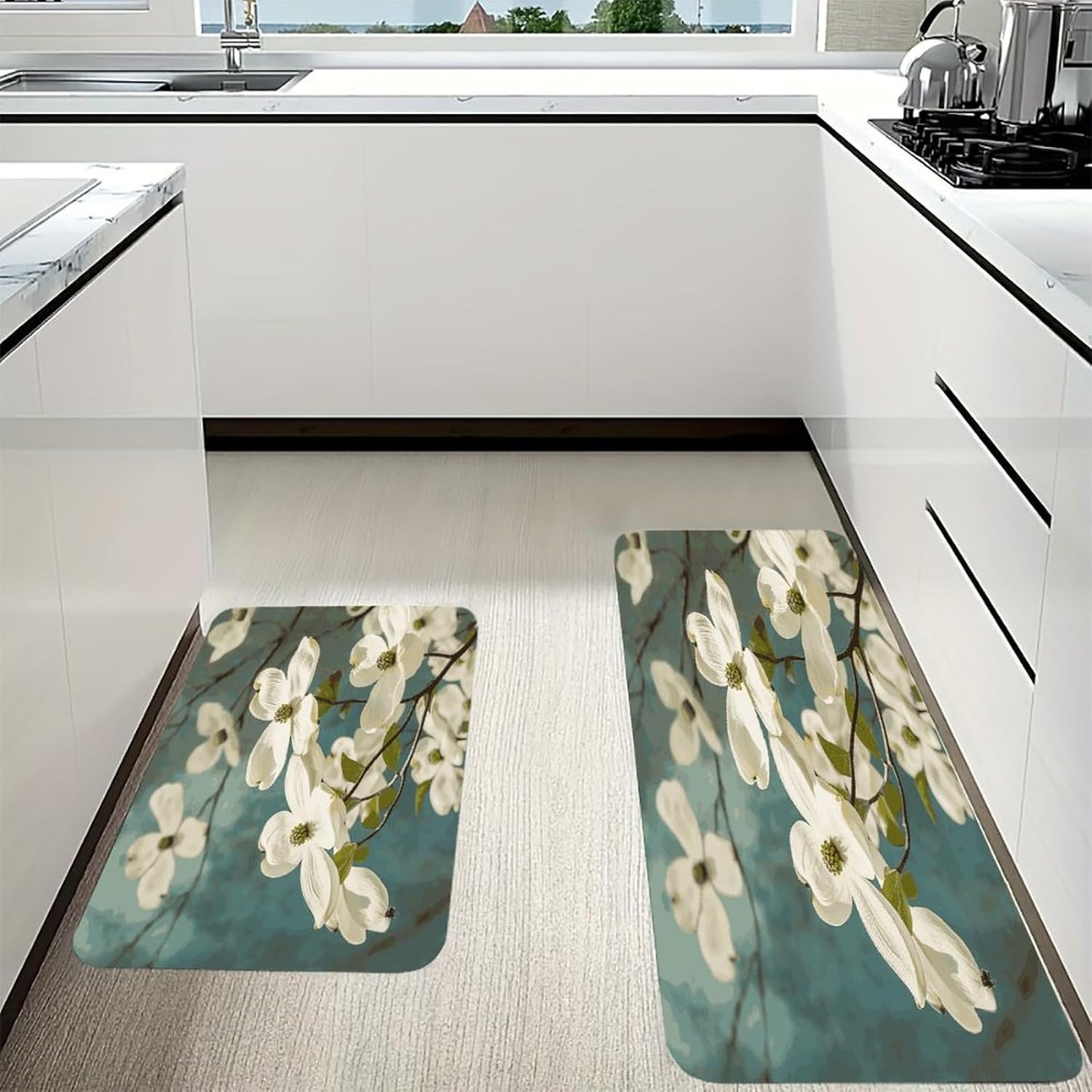 Spring Dogwood Blossoms Kitchen Mat Kitchen Rug Set | Kitchen Rugs Flannel Velvety Washable breathable Water Absorbent Soft ，kitchen utensils for Kitchen, Floor,Laundry