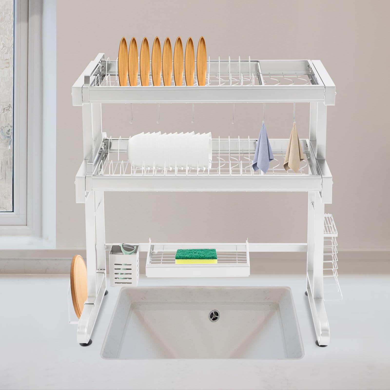 Escurreplatos de 29 x 78 cm, 2 niveles sobre el fregadero, escurridor de platos de acero inoxidable, organizador extensible sobre el fregadero de la cocina para guardar especias