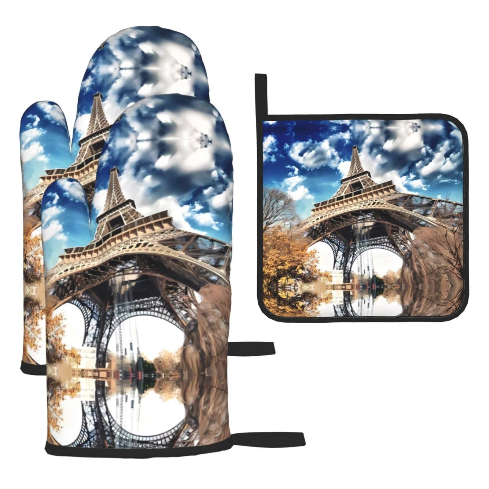 Paris Tower Printed Oven Mitt Set 3-Piece | Heat Resistant Gloves & Pot Holder Mat for Cooking, Baking & BBQ