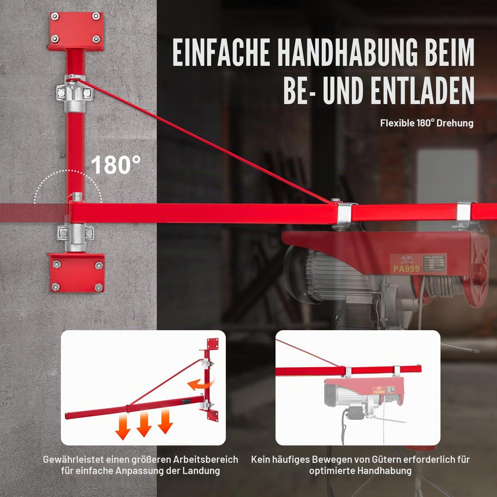 VEVOR Elektrischer Hebezeug-Stützarm 600 kg Tragkraft Schwenkarm aus Stahl 180° schwenkbar für Werkstatt Garage