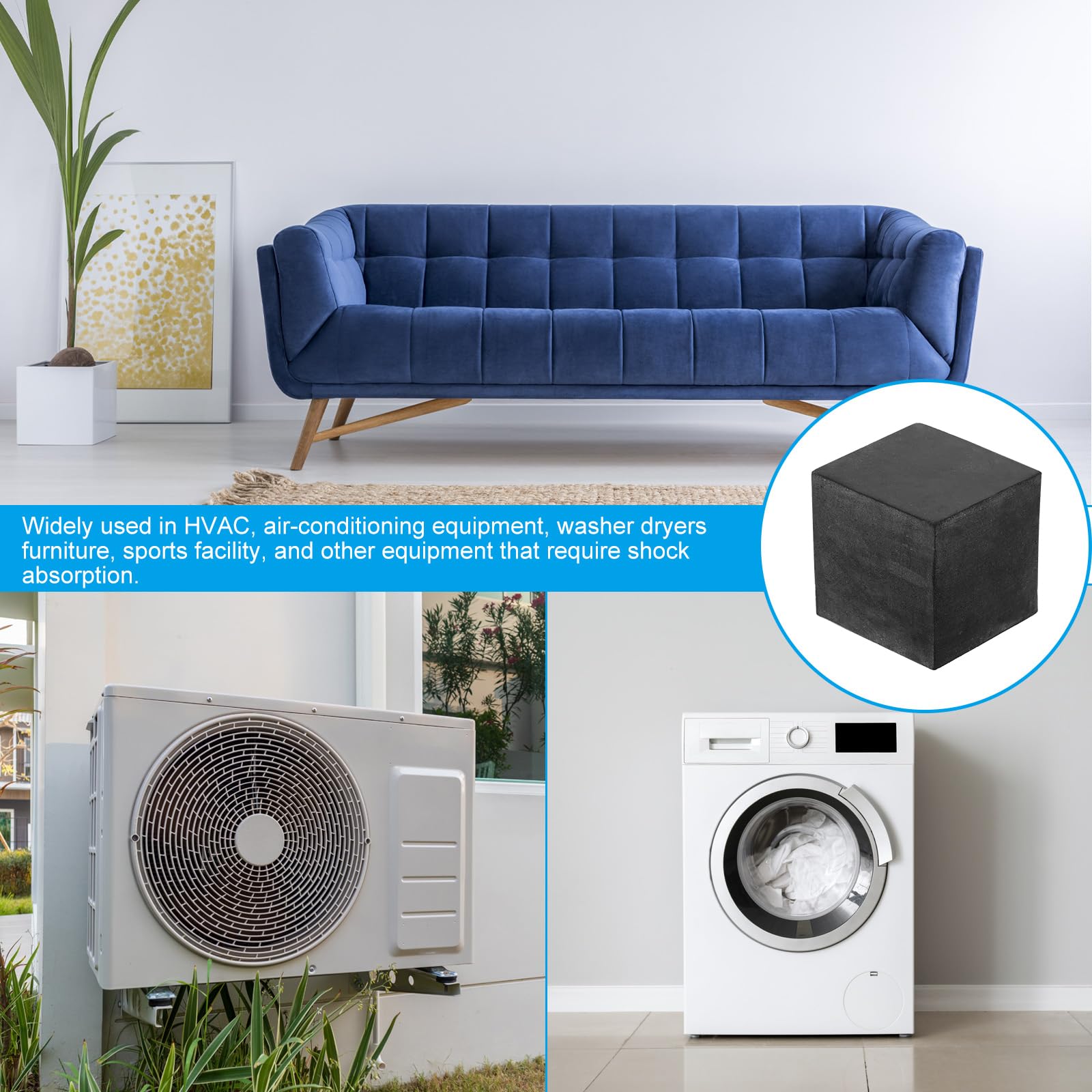 PATIKIL Tappetini in Gomma Antivibranti, 8pz Tappetini Antivibranti Quadrati 1,97" x 1,97" x 2" per Condizionatori d'Aria HVAC, Compressori d'Aria, Lavatrici, Asciugatrici, Nero