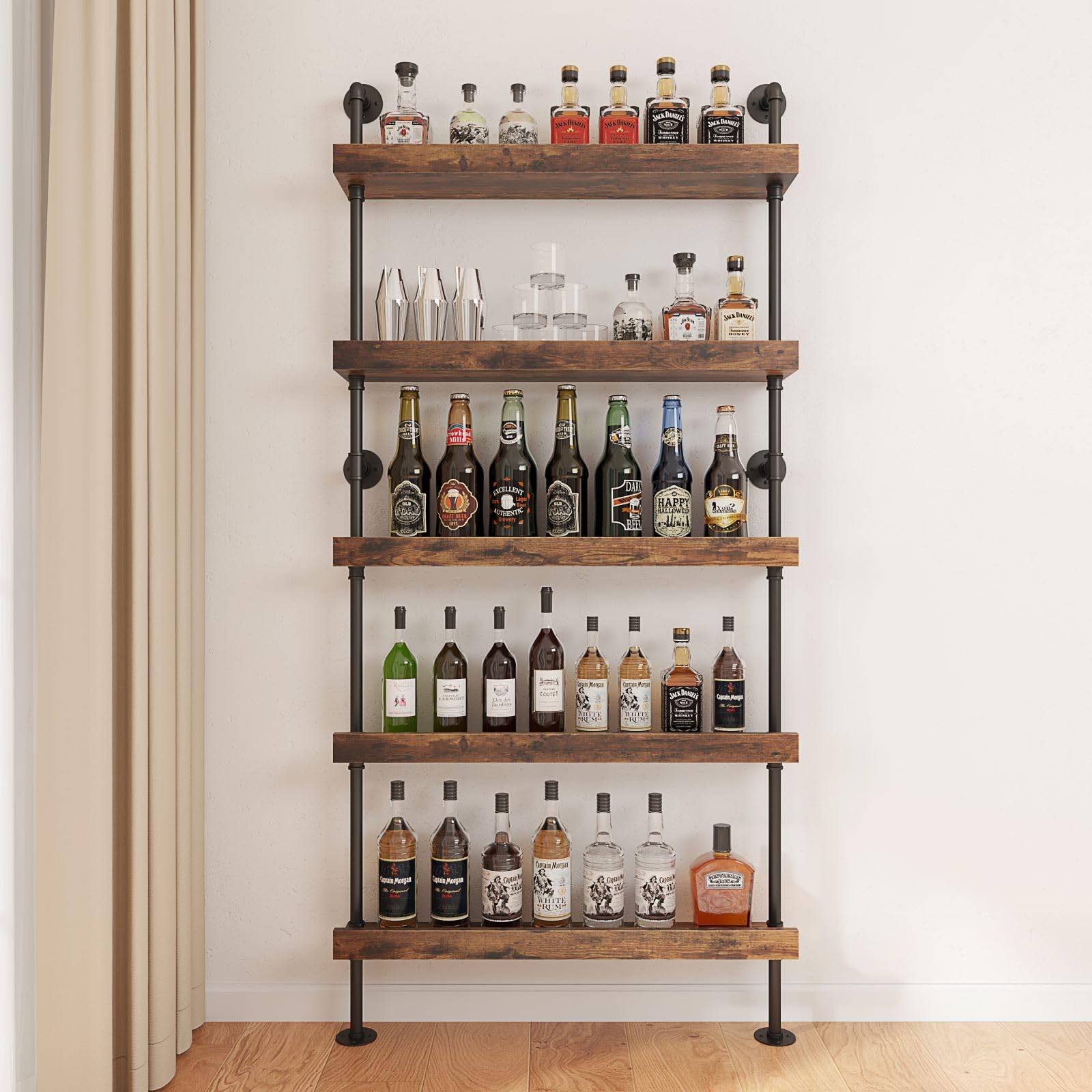 Woskar 5-Tier Wall Mounted Wine Rack, Industrial Pipe Bar Shelf for Wine Bottle Storage, Industrial Pipe Shelves Shelf Shelving for Home Bar Dining Room Kitchen (Black, 31.5