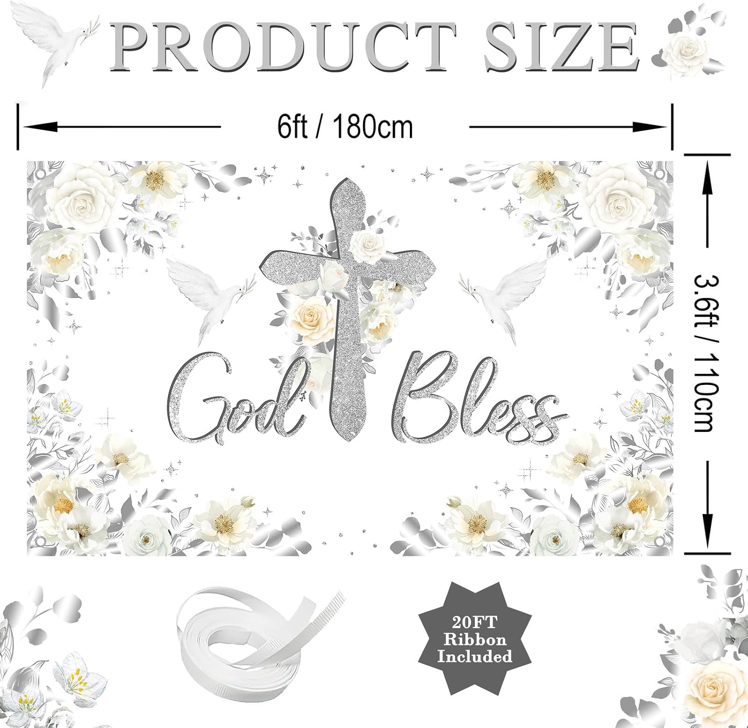 Avezano God Bless Banner for Baptism White Floral First Communion Party Decorations God Bless Baby Baptism Backdrop Photo Booth Props (6x3.6ft)