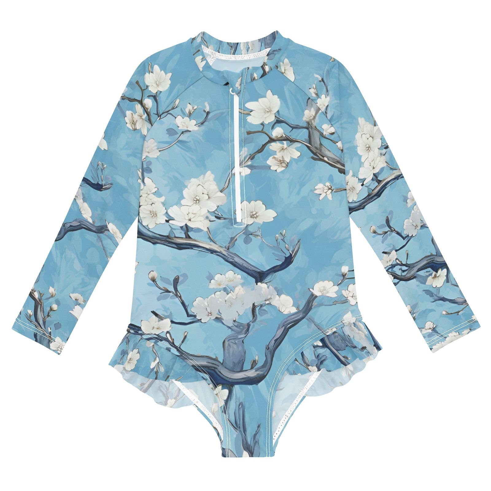 ALAZA Swimsuit for Girls Long Sleeve Rashguard Bathing Suit White Cherry Flower Quick Dry 4T