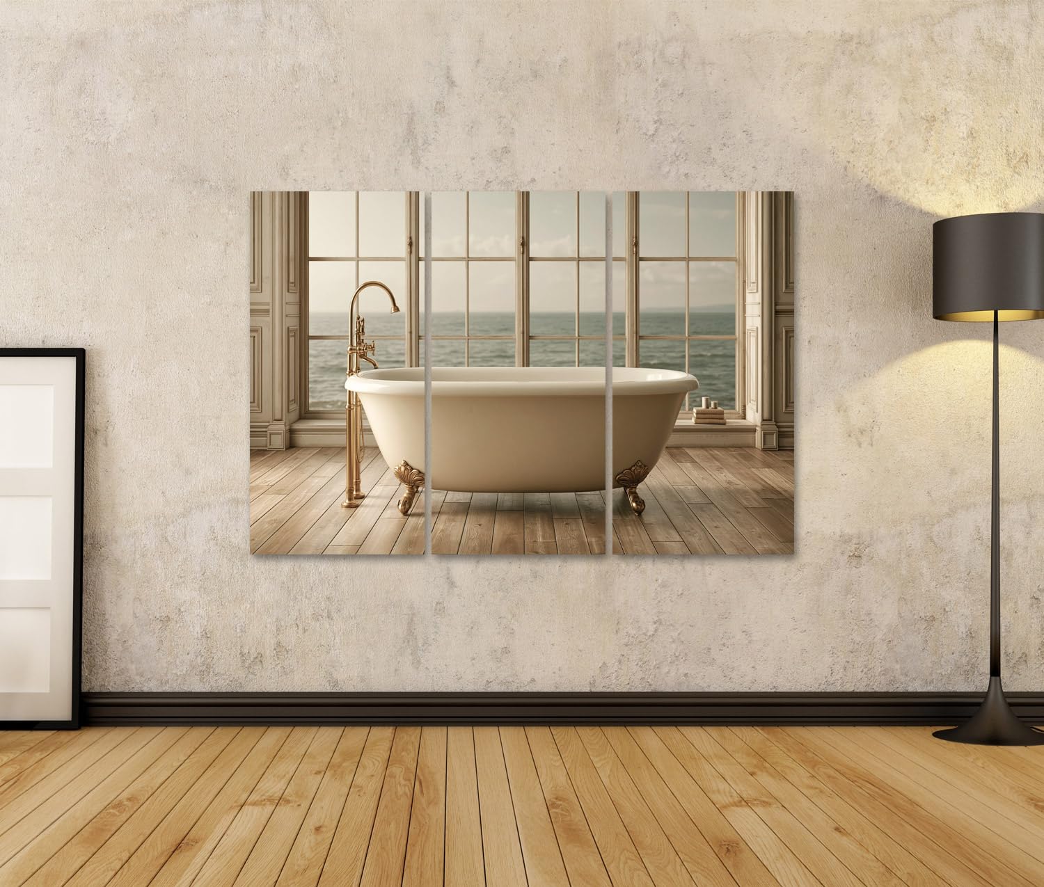 islandburner Cuadro sobre lienzo Exclusiva bañera con vistas al mar Mural Baño para amantes de la relajación - 3 piezas