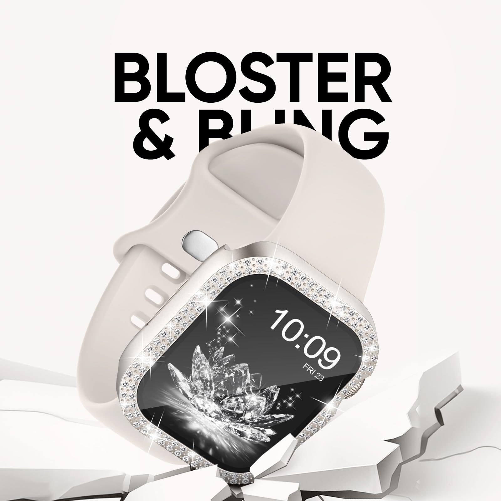 Compatible con correas de Apple Watch de 40 mm, 41 mm, 44 mm, 45 mm, 42 mm, 46 mm, con protector de pantalla para mujer, correa de silicona con diamantes brillantes, cubierta protectora de vidrio