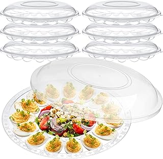 Shellwei 6Pcs Deviled Egg Platter with Lid Container Tray with 15 Slots Reusable Plastic Round Holder for Deviled Eggs, Fruits, Veggies, and Finger Foods 12 Inch