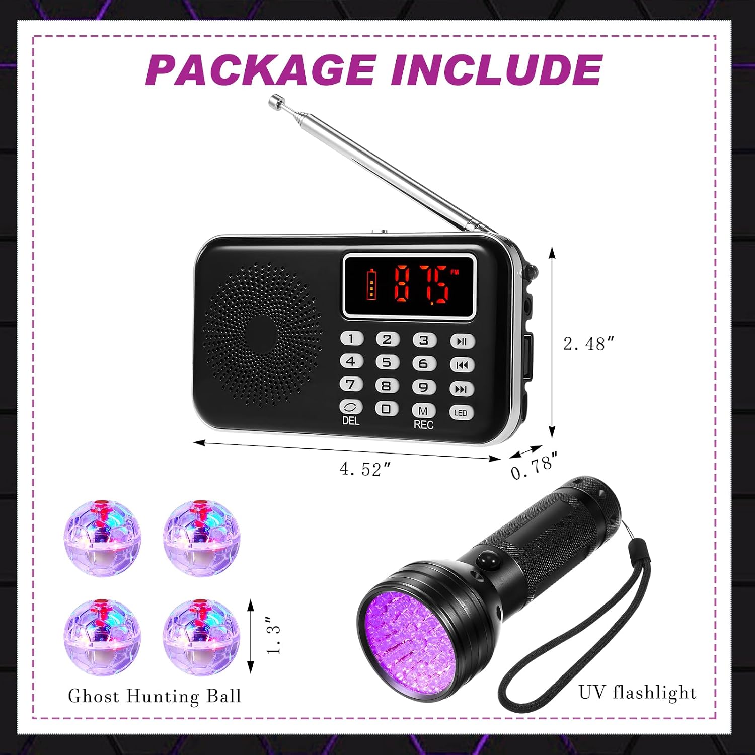 Dunzy 6 Pcs Ghost Hunting Equipment Kit Includes 1 FM Radio, 4 Light up Cat Balls (Include Battery), 1 Black UV Flashlight for Paranormal Research