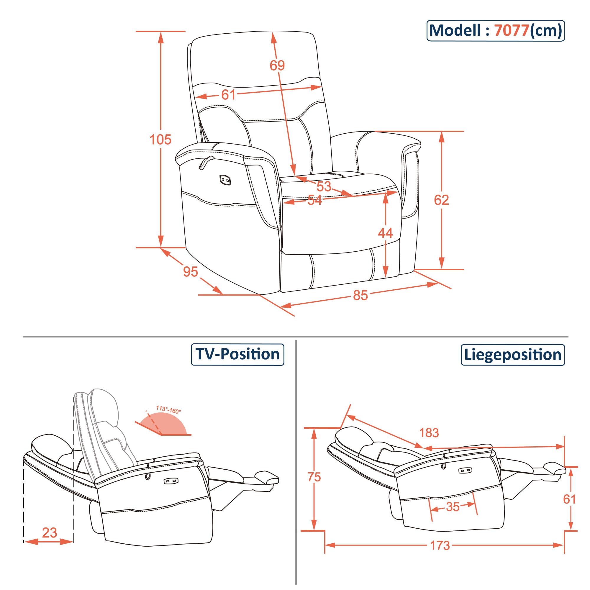 M MCombo Relaxsessel mit Liegefunktion, Fernsehsessel Elektrisch Verstellbar, TV Sessel mit 160° Liegefunktion, Recliner Chair, USB & Seitentasche, Sessel Wohnzimmer Relax, 7077 (Hellgrau)