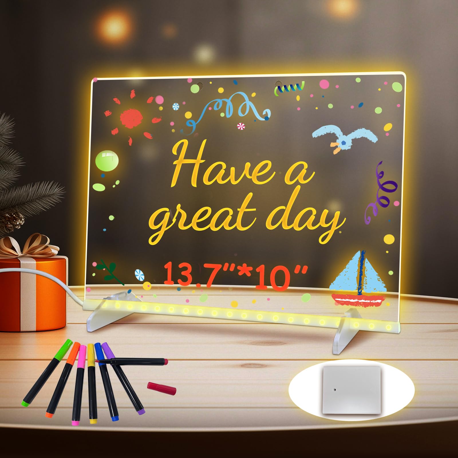 Oritzan LED Drawing Board, Light Up Acrylic Board with 13 Light Modes 7 Colorful Pen (Yellow)