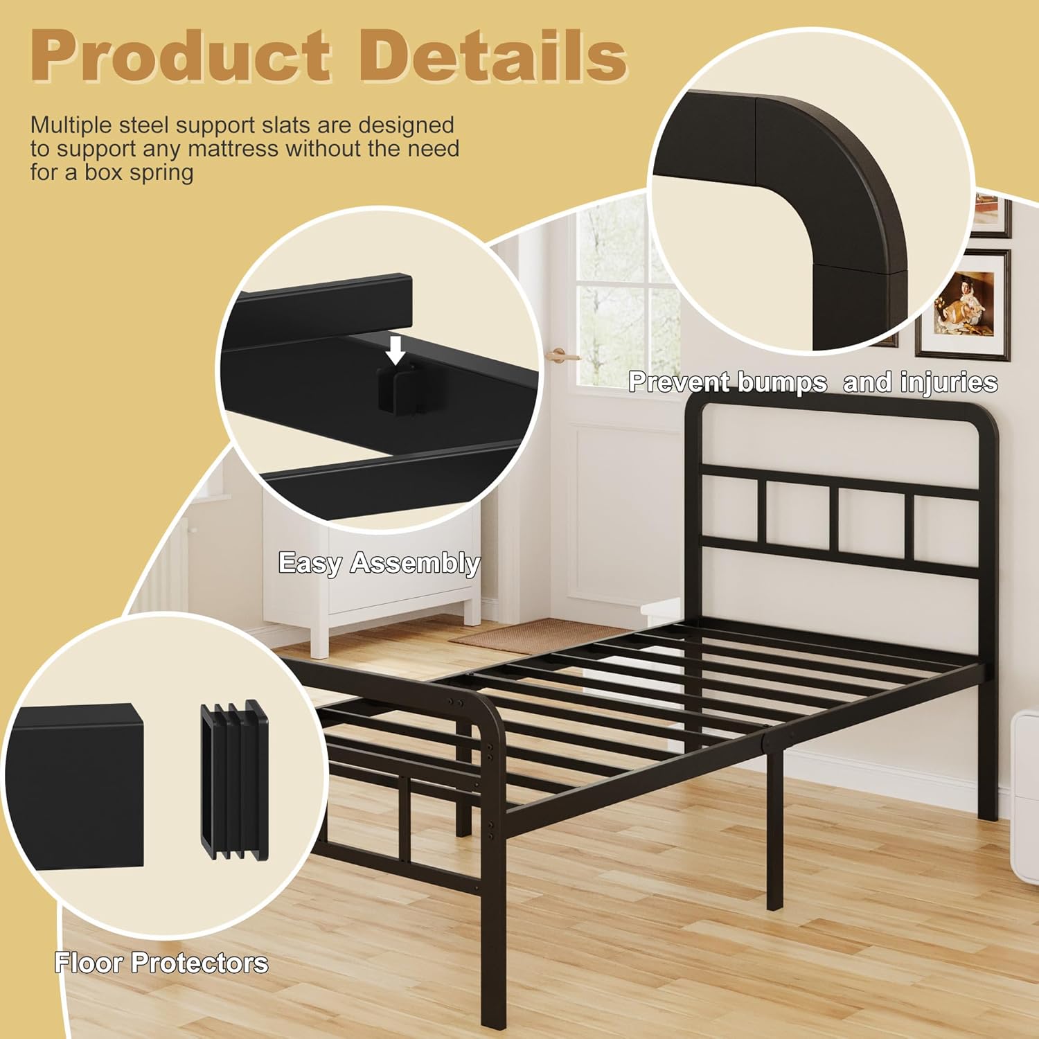 EMODA 16 Inch Twin XL Bed Frames with Headboard and Footboard, Heavy Duty XL Twin Metal Platform Bed Frame, No Box Spring Needed, Easy Assembly - Image 5