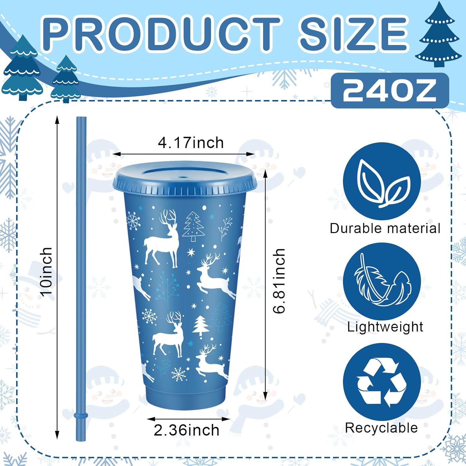 Chuangdi 24 Pcs 24 oz Snowflake Snowman Christmas Plastic Cups with Lids and Straws, Blue White Reusable Coffee Cups for Hot Chocolate Cold Beverage, Winter Xmas Holiday Frozen Party Office Supplies - Image 2