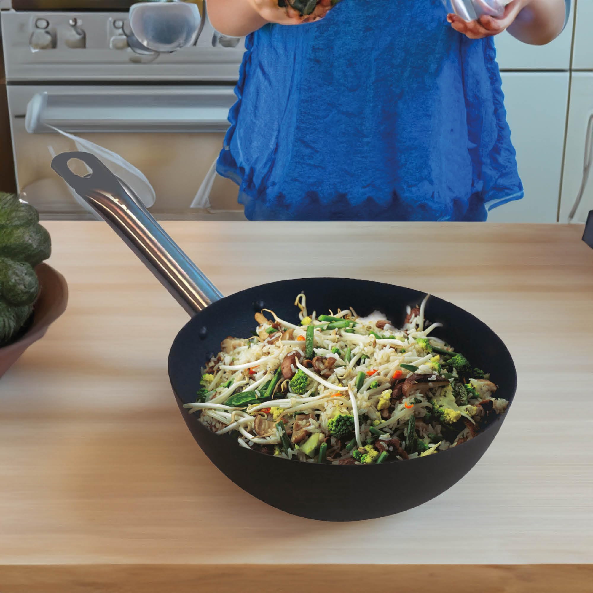 Point-Virgule Wok Pfanne mit Antihaft Beschichtung und Edelstahlgriff für Wok-Grillgerichte zu bereiten, auch für Induktion geeignet, Ø 20CM, Schwarz