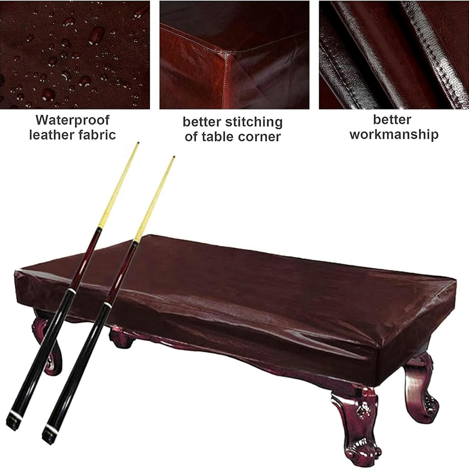Pool Table Covers 8ft Waterproof Fitted， Heavy Duty Premium Leatherette Billiard Pool Table Cover Durable Waterproof Uv Protection Fitted Billiard Game Table Dust Storage Cover, Brown