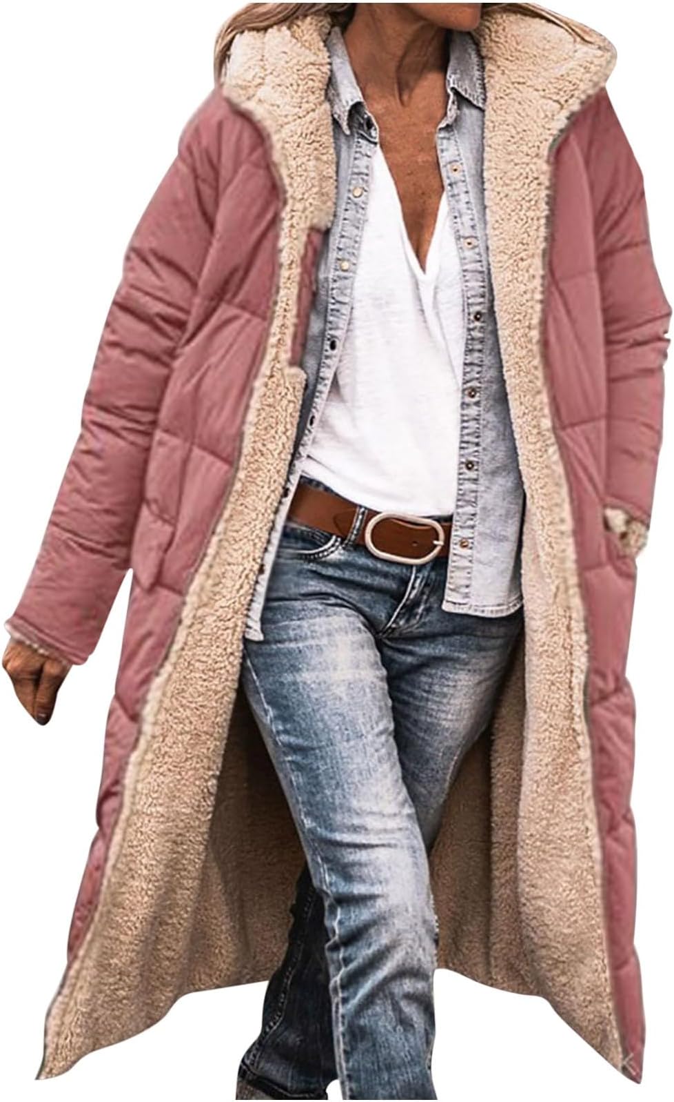 Women's Winter Coats Sherpa Fleece Lined Jacket Insulated Hooded Jacket Thickened Zipper Mid Length Puffer Jacket