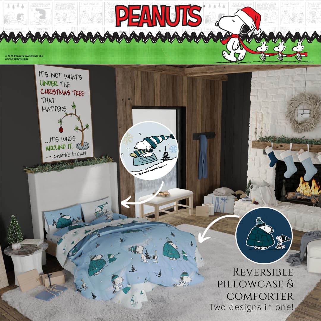 Collectibles Peanuts Snoopy Puffer Holiday & Christmas Bedding Super Soft Comforter and Sheet Set with Sham, 7 Piece Full Size (Officially Licensed Product) By Franco