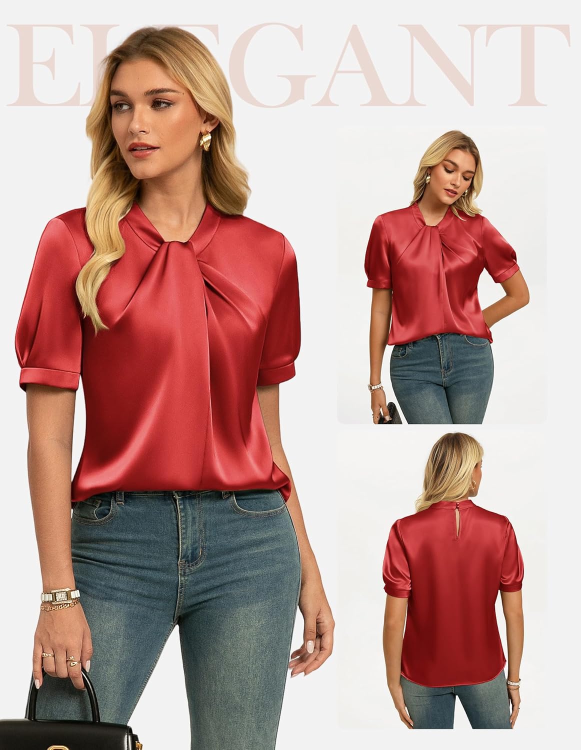 GRACE KARIN 2026 Women Satin Tops Short Sleeve Blouse Mock Neck Work Silk Shirts Business Casual Outfits - Image 2