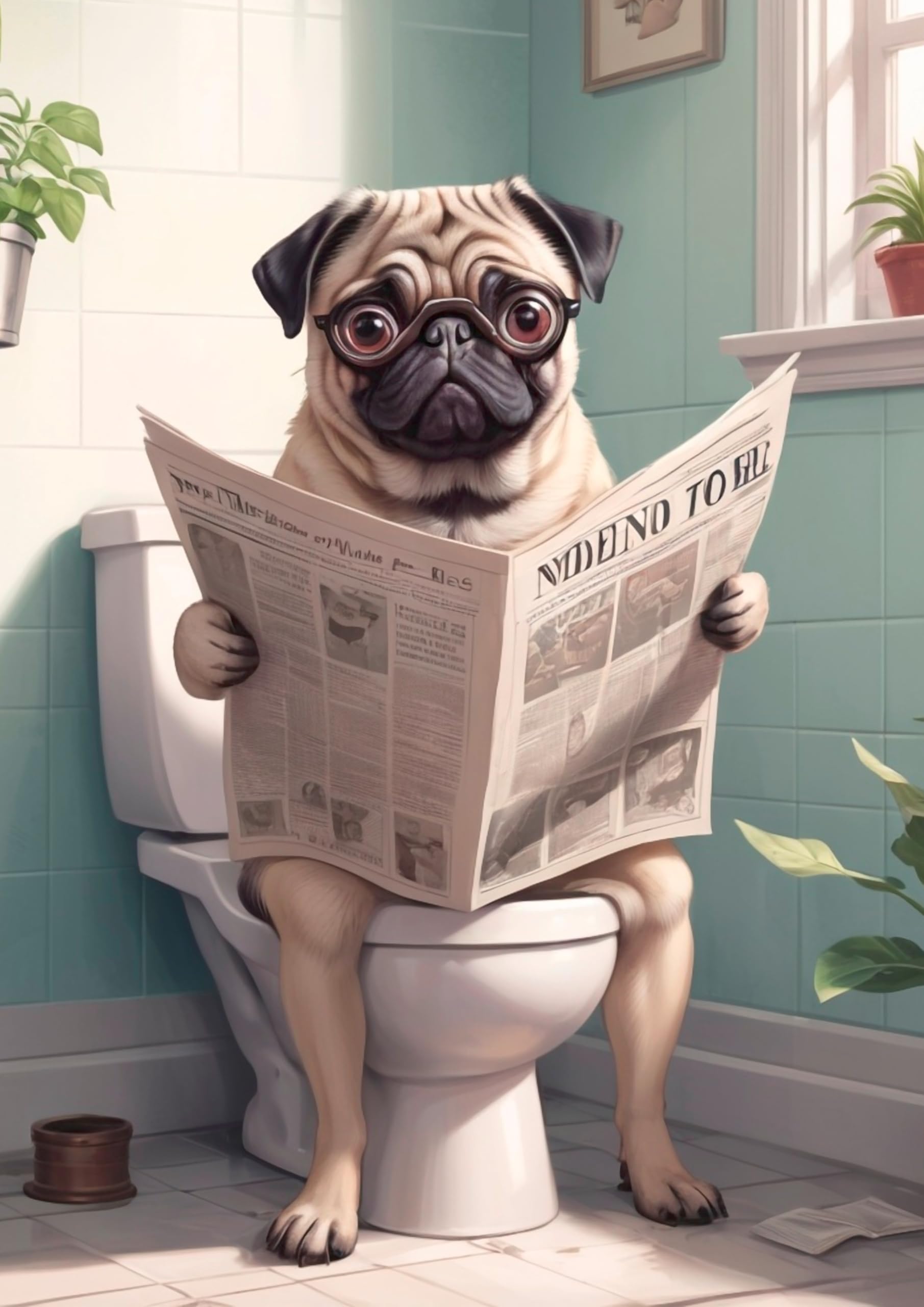 Funny Pug Dog Bathroom Wall Art Print, Reading Newspaper on Toilet, Humorous Home Decor. Size A4