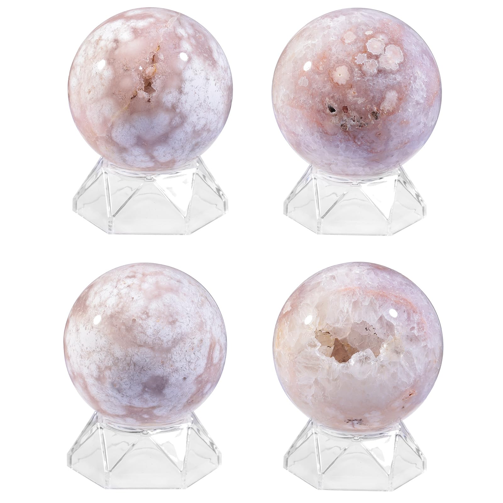 mookaitedecor natürliche Kirschblüten Achat Kristallkugel mit Acrylständer, 61-70 mm Wahrsagerei Sphere Skulptur für Fengshui, Meditation, Kristallheilung, Heimdekoration