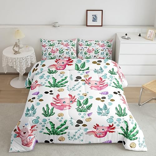 jejeloiu Juego de ropa de cama de ajolote lindo para niños, juego de edredón de salamandra de dibujos animados para niñas, decoración de plantas