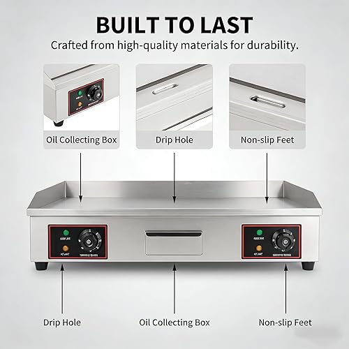 Miniatura 4 de Parrilla eléctrica plana de 3000 W, plancha comercial de acero inoxidable de 30 pulgadas con termostato ajustable, equipo de restaurante de encimera