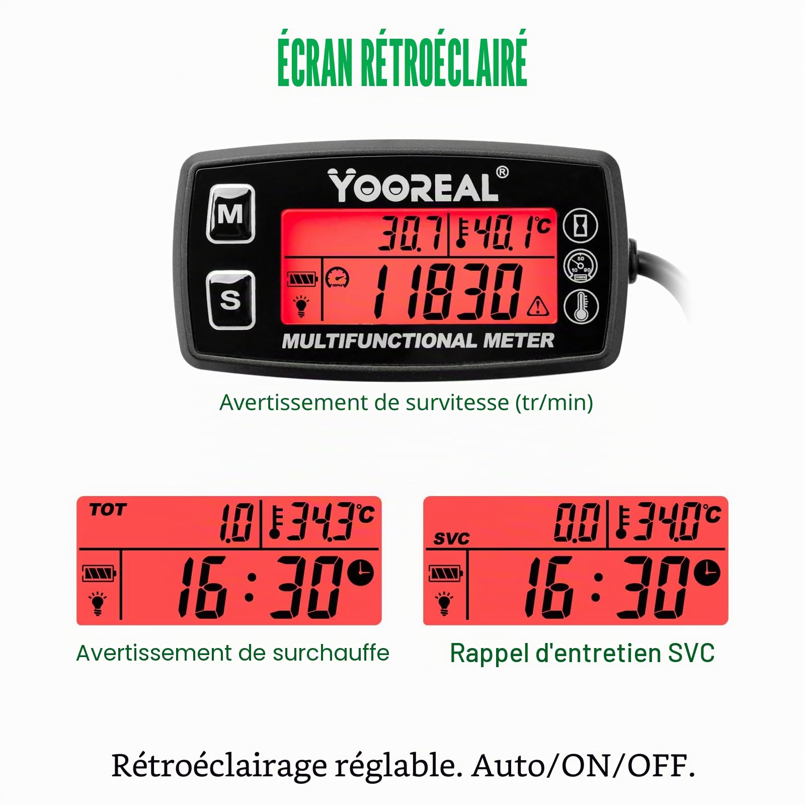 Yooreal Tachymètre numérique,compteur horaire, jauge de température d'eau et d'huile moteur, alerte RPM et température, affichage rétro-éclairé pour tracteur de jardin, motoneige, marine, jet ski.