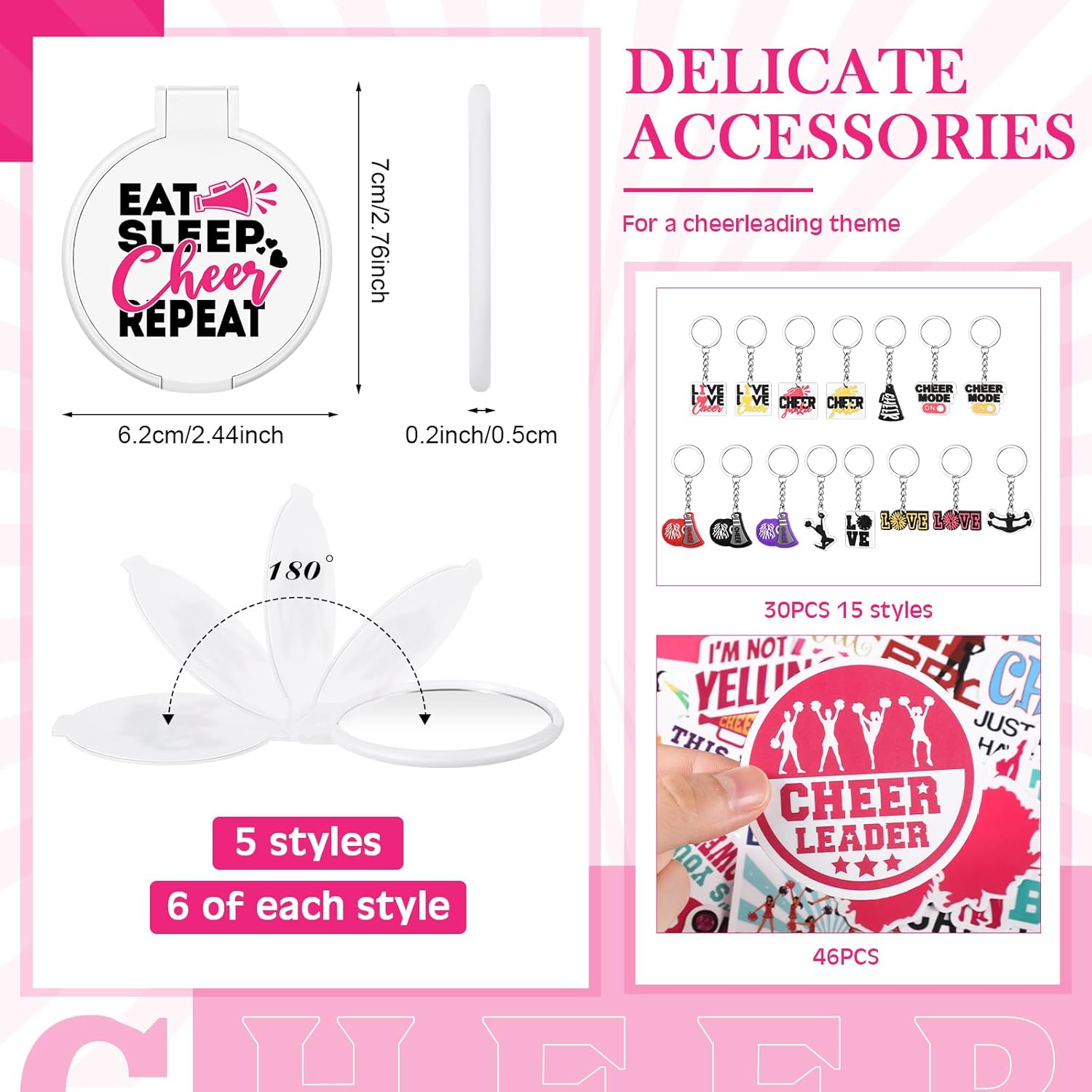 Huquary 121 Pcs Cheerleader Gifts Kit 30 Zipper Portable Cheer Makeup Bag 30 Keychain Wristband Mirror 1 Bag Waterproof Cheer Stickers for Women Girls Cheerleader Teammates