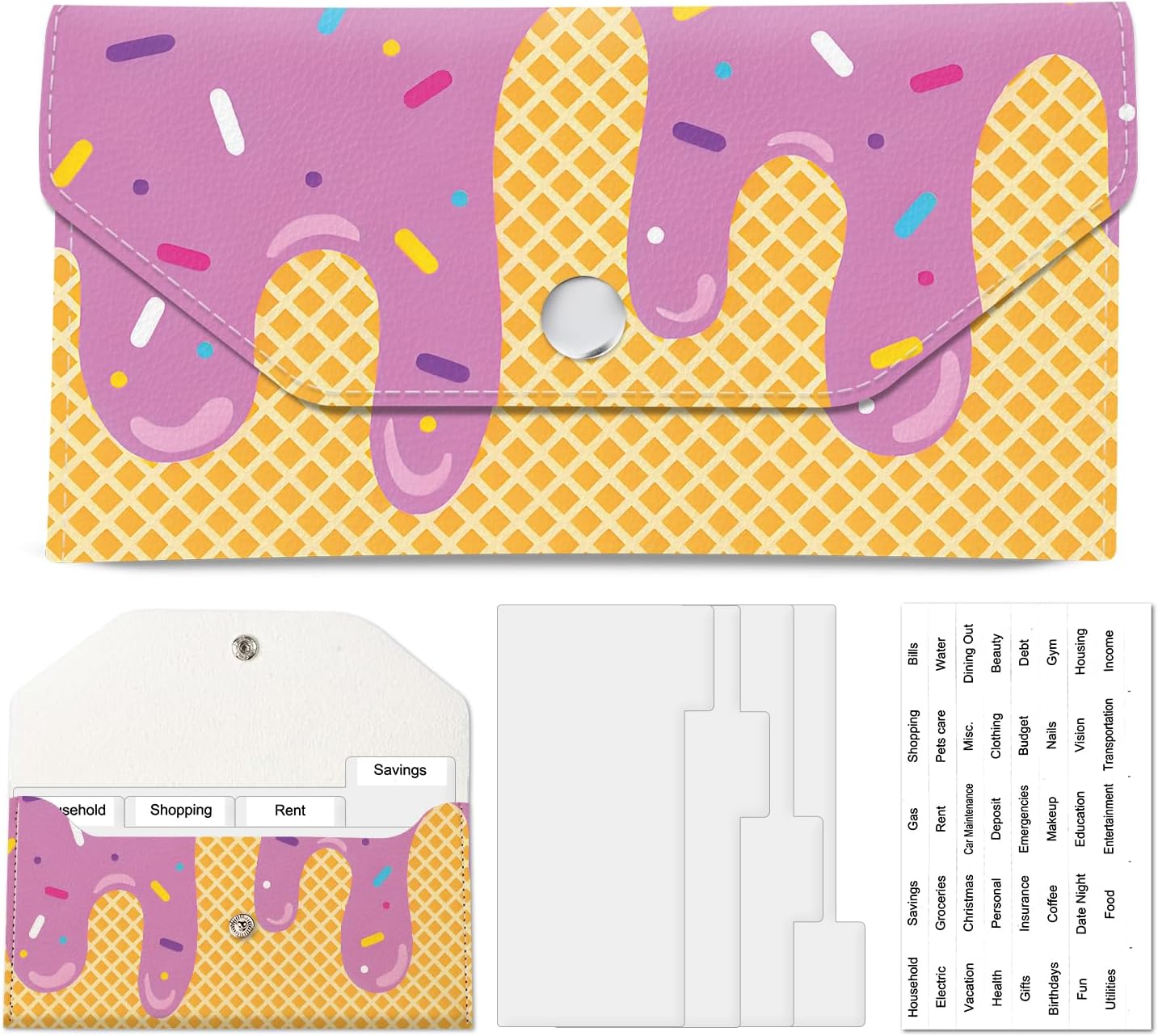 PU Leather Cash Envelopes Wallet, Reusable Money Savin Wallet, Cute Budget Envelope with 4 Dividers & 1 Sheets Budget Labels Pink Ice Cream Drip