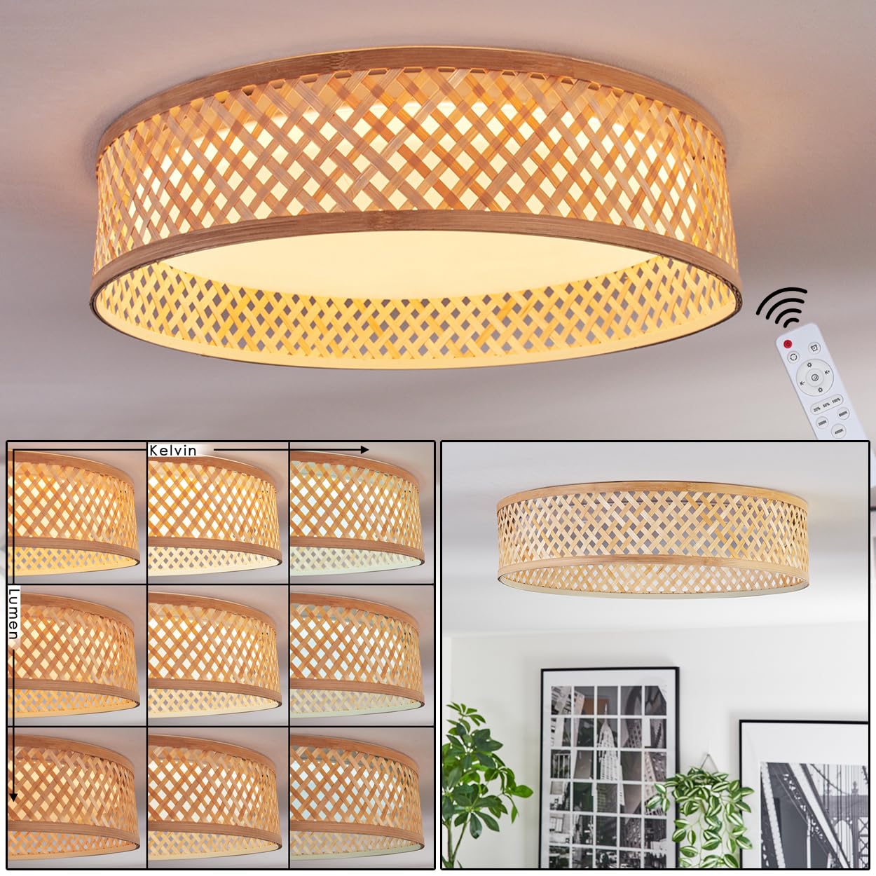 HOFSTEIN LED Deckenleuchte Barroco, dimmbare Deckenlampe aus Metall/Bambus/Kunststoff in Weiß/Natur, Boho-Leuchte mit Memory-Funktion, CCT einstellbar, Fernbedienung, 24 Watt, Wohnzimmer, Schlafzimmer