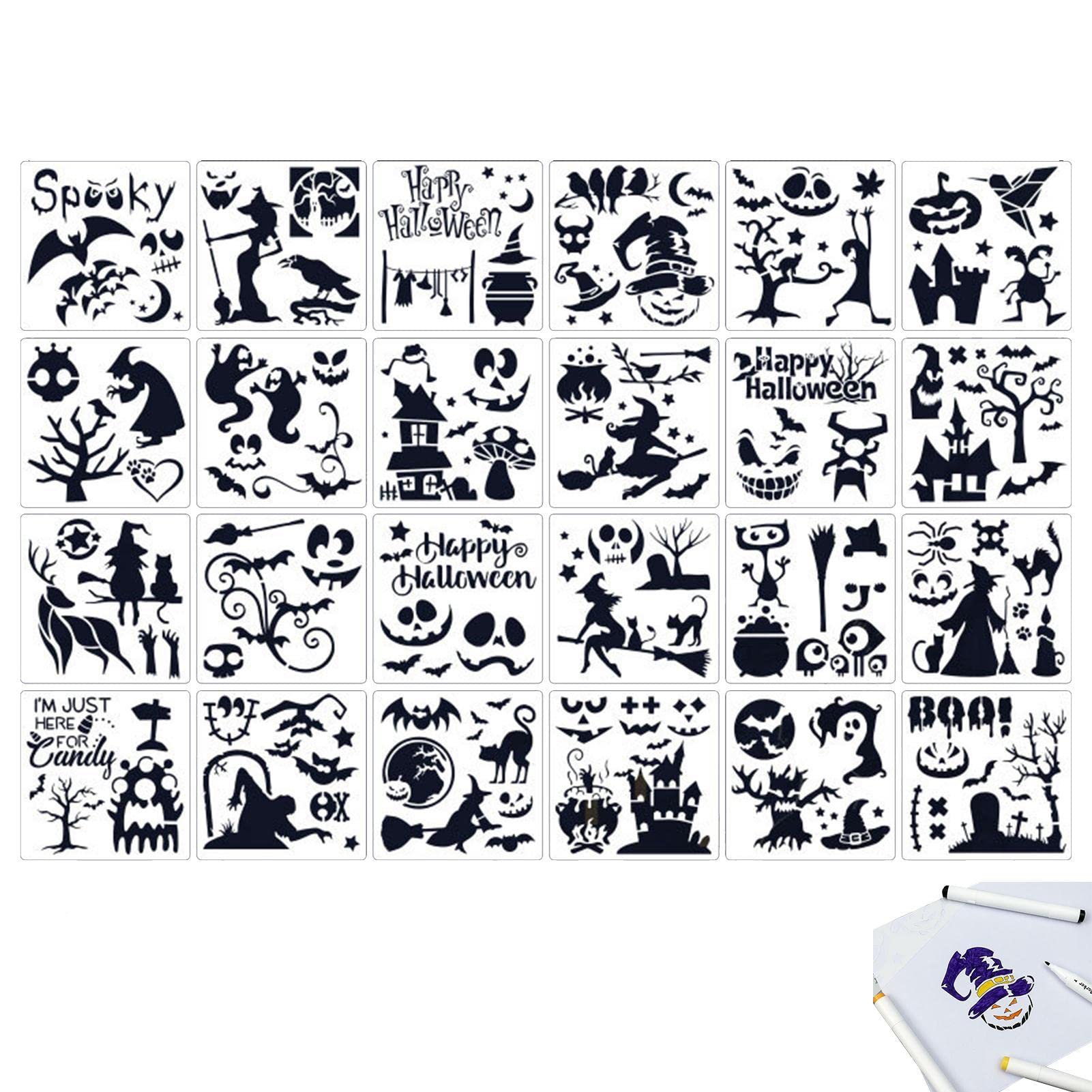 JINGLING 5 stencil per pittura di Halloween su legno | 24 stencil da disegno a tema Halloween per dipingere su legno | Modelli di disegno di Halloween riutilizzabili decorativi