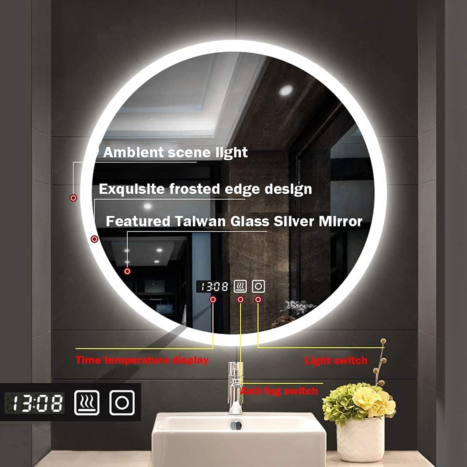 Okrągłe lustro LED, lustro łazienkowe ze światłami Nowoczesne lustro dekoracyjne Lusterko do makijażu naścienne Inteligentne lusterko kosmetyczne LED (białe światło 60 CM)
