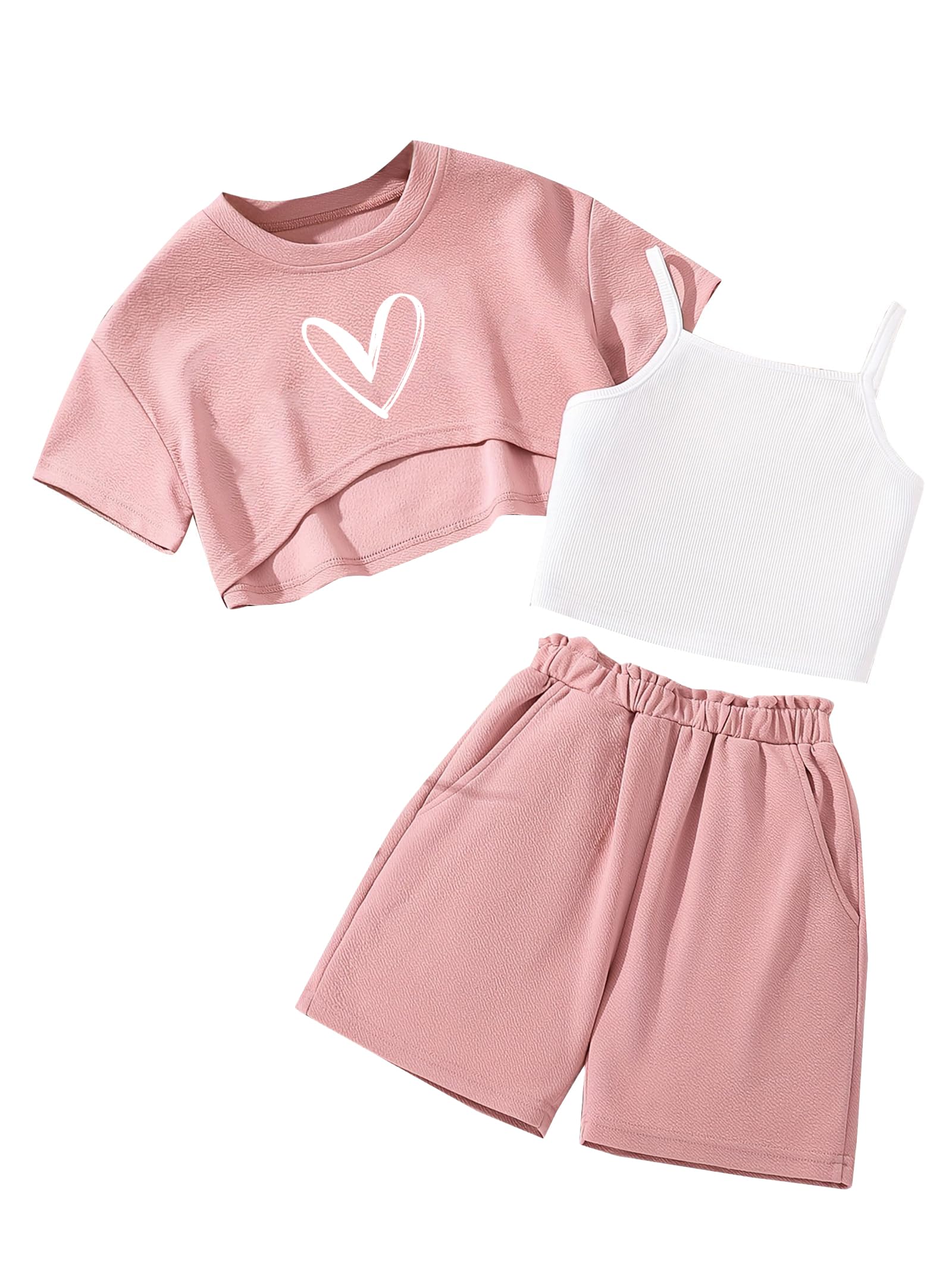 Hilinker Girls 3 Piece Summer Outfits Graphic Crop Tee and Cami Top with Shorts Set