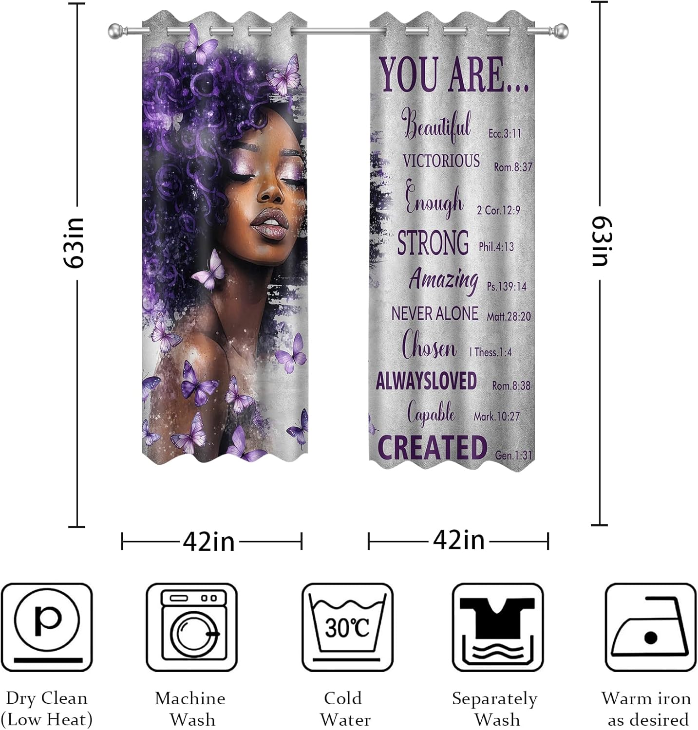 African American Purple Curtains for Bedroom and Living Room Black Girl Butterfly Pattern Funny Inspirational Quotes Blackout Curtains Woman Lady Drape Windowsill long Curtains 2 Panels 42x63 Inch