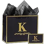 momoake Alphabet Birthday Gift Bag with Card and Tissue Paper for Men Women, 13 Large Black Gold Personalized Bridal Party Gift Paper Bag for Gifts Wrapping - (Letter K)