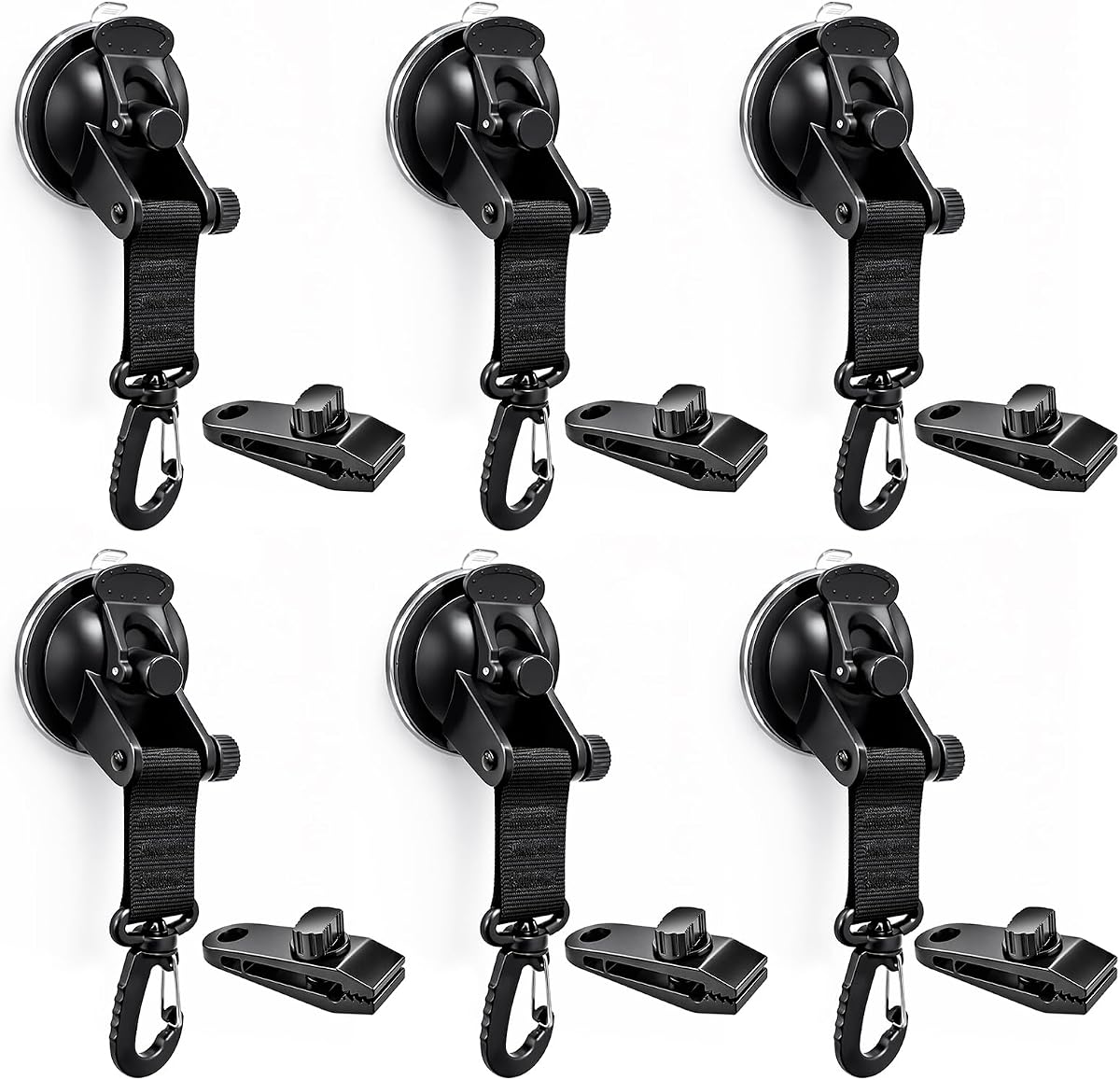 Heavy Duty Suction Cup Hooks 6 Pack with 6 Tarp Clips, Up to 132 lb Combined Hold, Rotating Hook, No Drill Tie Down for Car Awning, Camping Tarp, RV, Boat and SUV Tent
